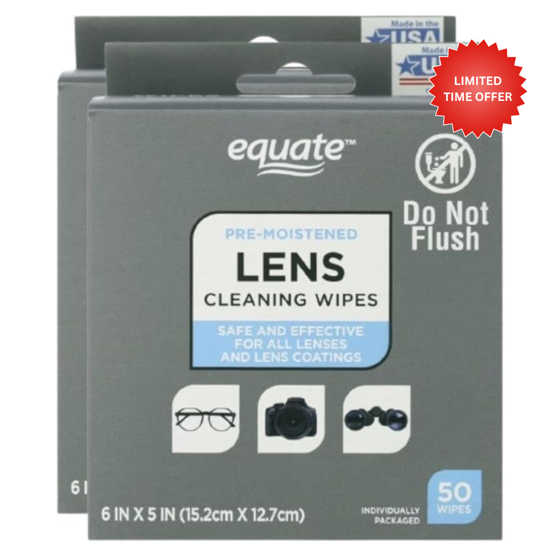 Equate Pre-Moistened Lens Cleaning Wipes, Safe for All Lenses and Coatings, Individually Packaged, 100 Count (2 Pack)