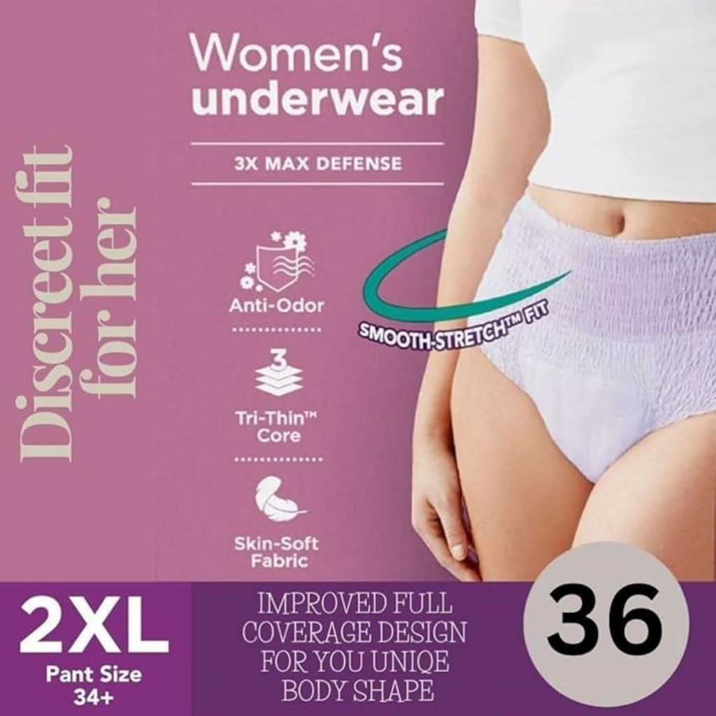 Women's Incontinence & Postpartum Underwear, 2XL, Maximum Absorbency (36 Count), Purple