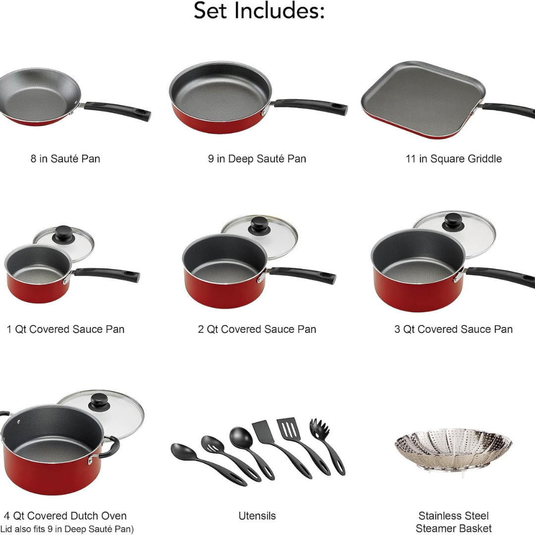 Tramontina 18 Piece Nonstick Cookware Set - Red - Aluminum Construction, Dishwasher Safe, Compatible with Gas, Electric, Ceramic Cooktops - Includes Sauté Pans, Griddle, Dutch Oven, Cooking Utensils