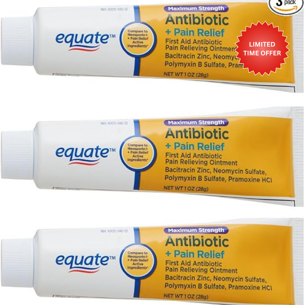 Equate Maximum Strength Triple Antibiotic Ointment Plus Pain Relief, Soothes Painful Cuts, Scrapes, and Burns, While Preventing Infection, 3 Ounce (3 Pack)