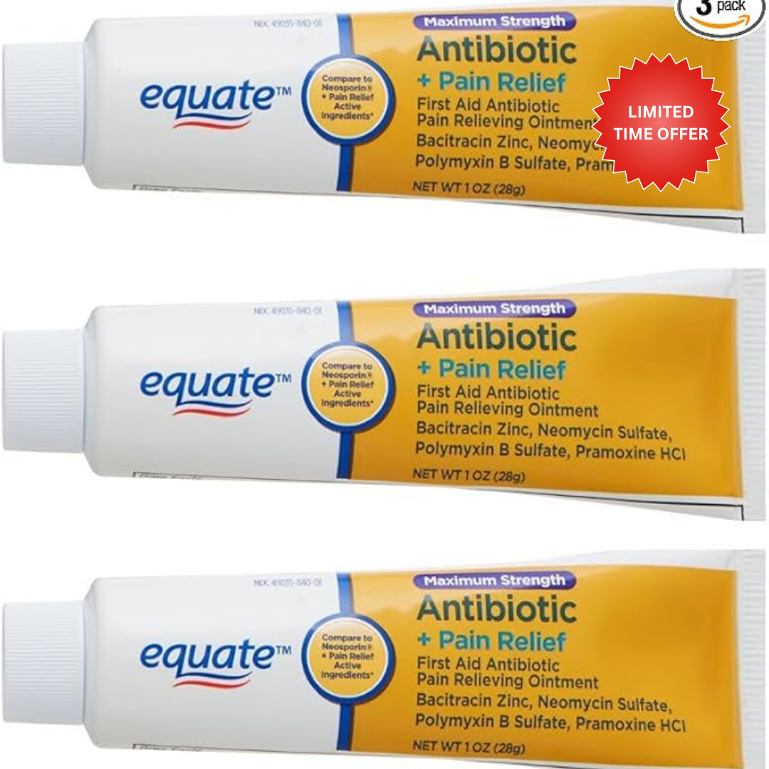 Equate Maximum Strength Triple Antibiotic Ointment Plus Pain Relief, Soothes Painful Cuts, Scrapes, and Burns, While Preventing Infection, 3 Ounce (3 Pack)