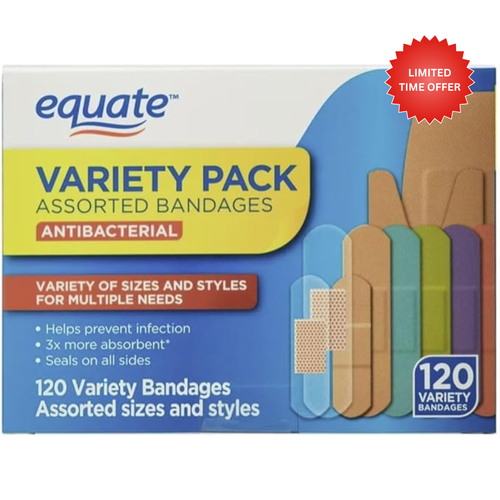 Assorted Bandages Variety Pack, 120 Count, Styles Including Antibacterial, Waterproof, Sheer, Plastic, Heavy Duty & Flex-Fabric, Protects Scrapes, Cuts & Burns, Latex-Free