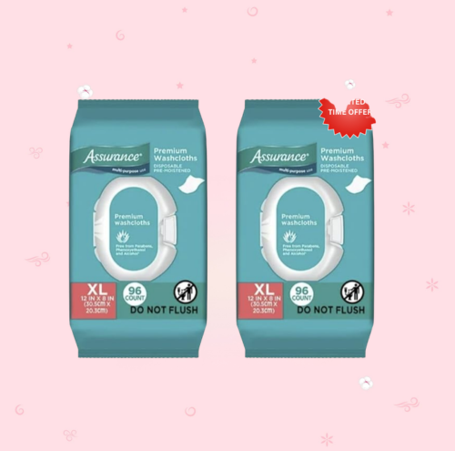 Assurance Pre-Moistened Extra Large Disposable Washcloths, 192ct (2 Packs of 96 Counts)