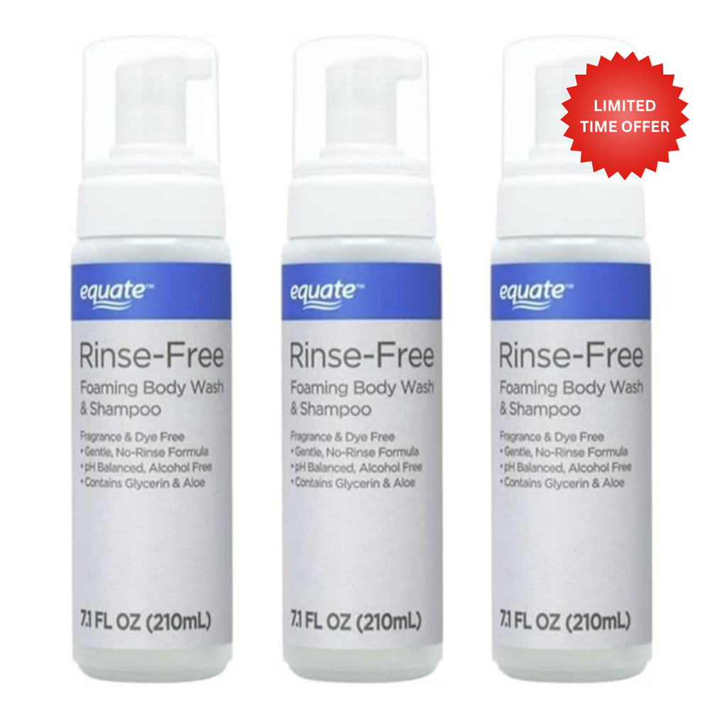 Equate Rinse-Free Foaming Body Wash and Shampoo, Fragrance and Dye Free, 7.1 fl oz, 3 Pack