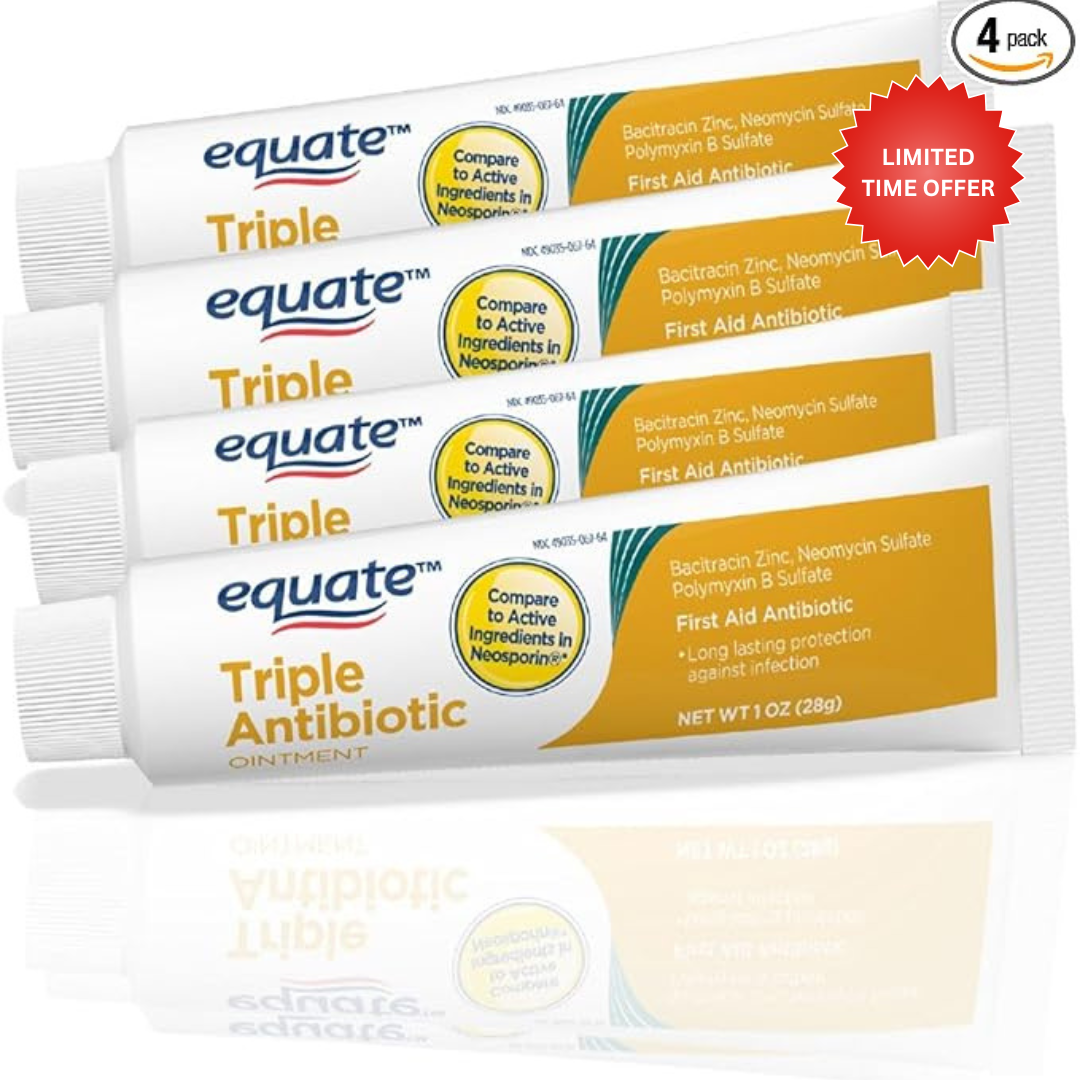 Equate Triple Antibiotic Ointment 1.0 oz (4 Pack), First Aid Ointment for Minor Scrapes, Cuts, and Burns to Help Prevent Infection, Compare to The Active Ingredients of The Leading Brand
